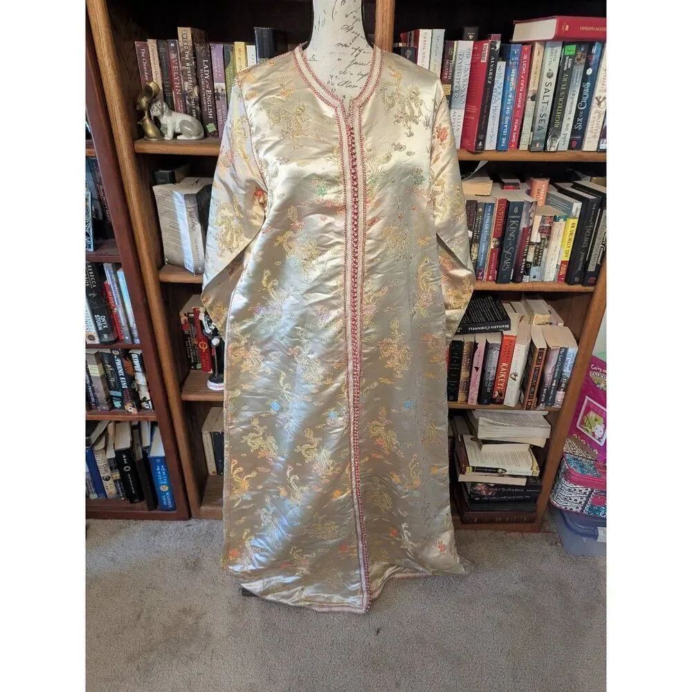 Moroccan Vintage Caftan in Gold Metallic Brocade, Maxi Gown Dress Kaftan L/XL
